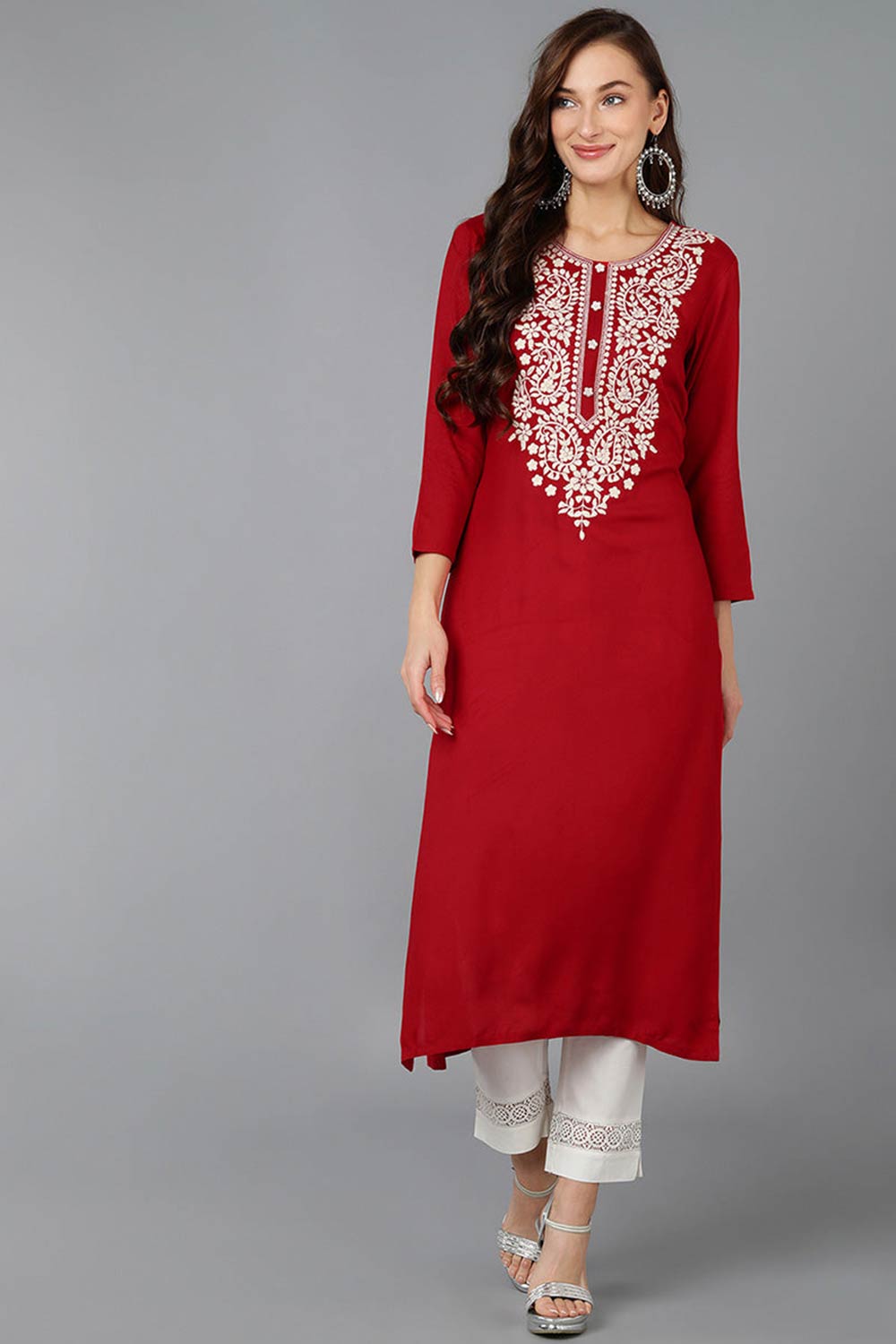 Red Rayon Embroidered Round Neck KurtI Set