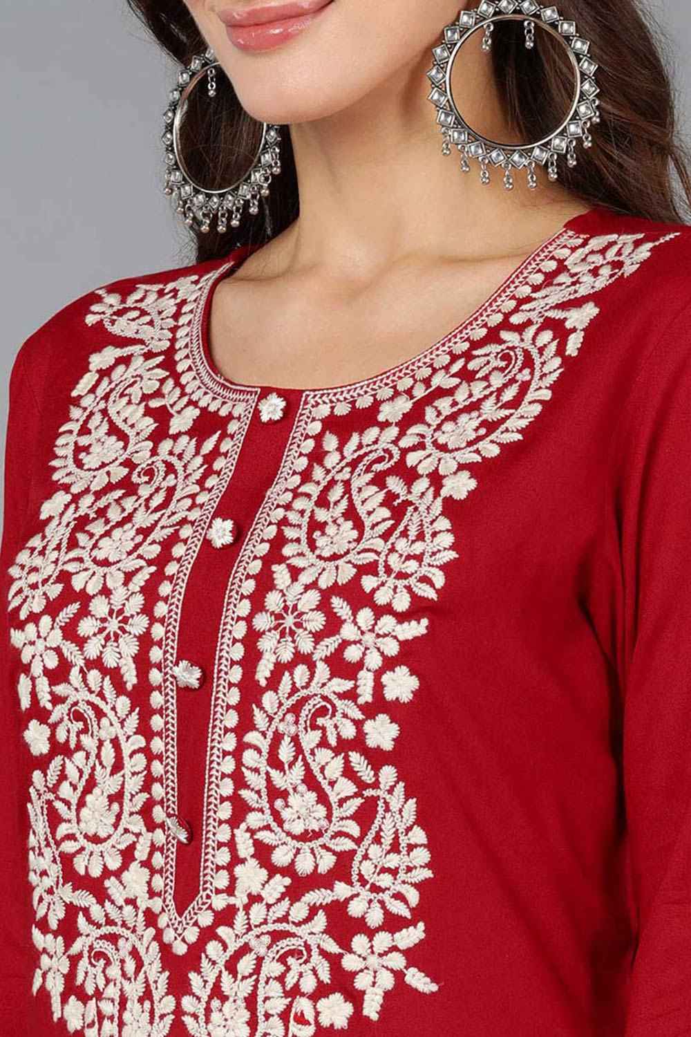 Red Rayon Embroidered Round Neck KurtI Set