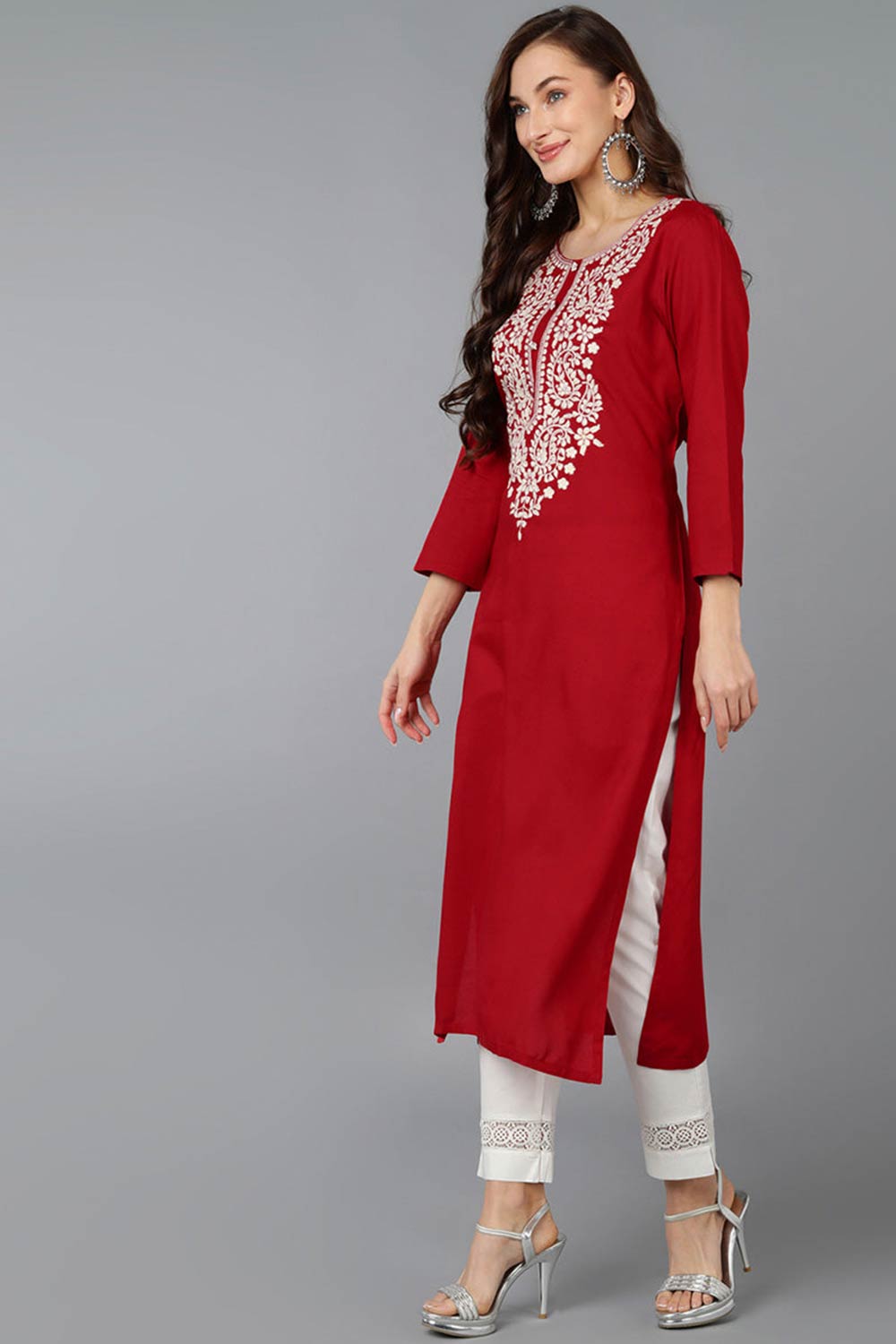 Red Rayon Embroidered Round Neck KurtI Set