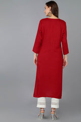 Red Rayon Embroidered Round Neck KurtI Set