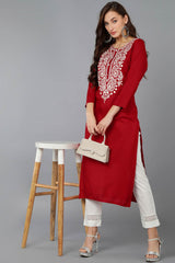 Red Rayon Embroidered Round Neck KurtI Set