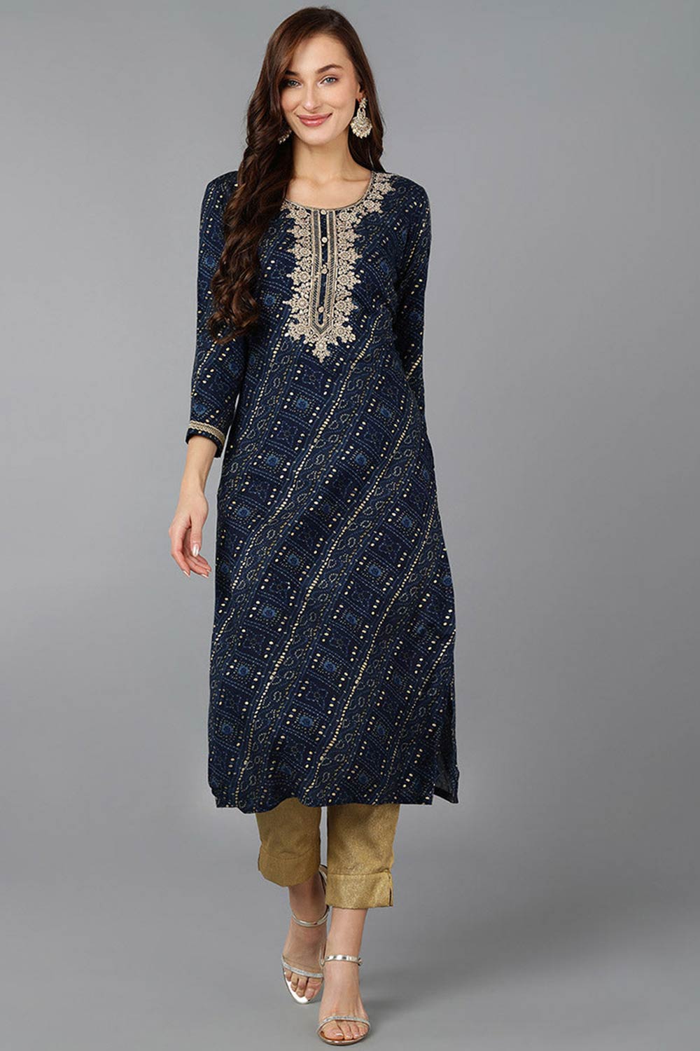 Blue Rayon Embroidered Round Neck KurtI Set