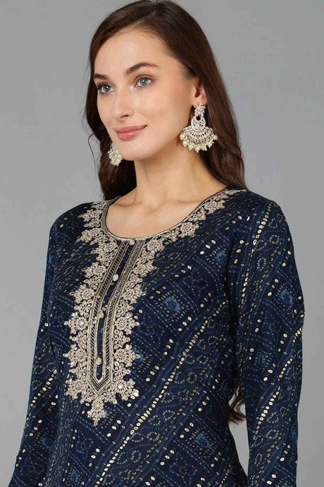 Blue Rayon Embroidered Round Neck KurtI Set