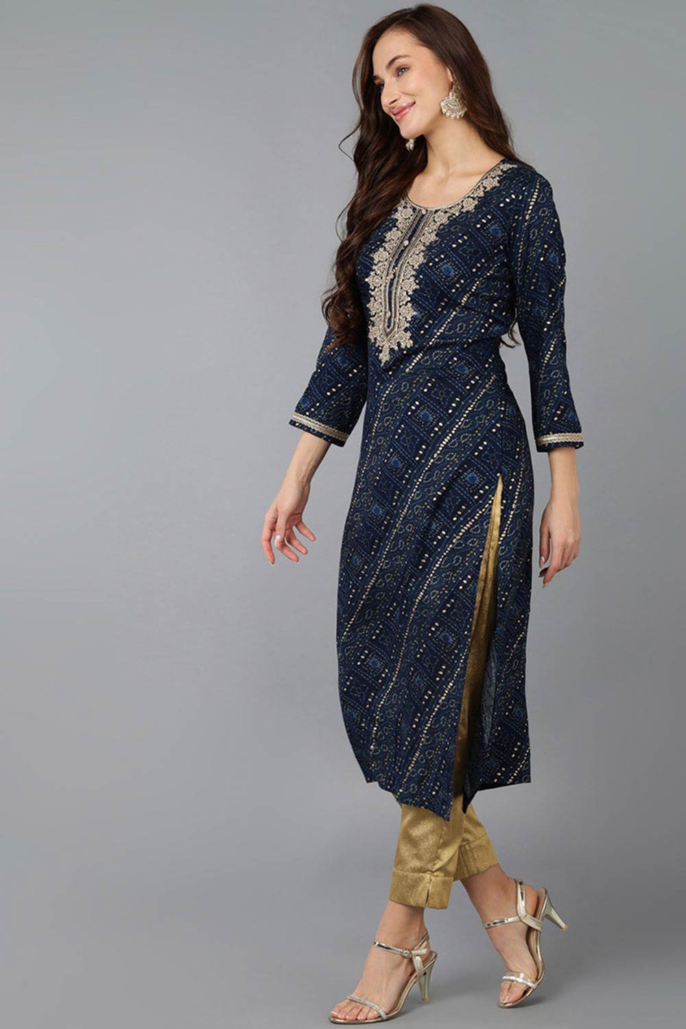 Blue Rayon Embroidered Round Neck KurtI Set