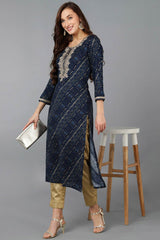 Blue Rayon Embroidered Round Neck KurtI Set