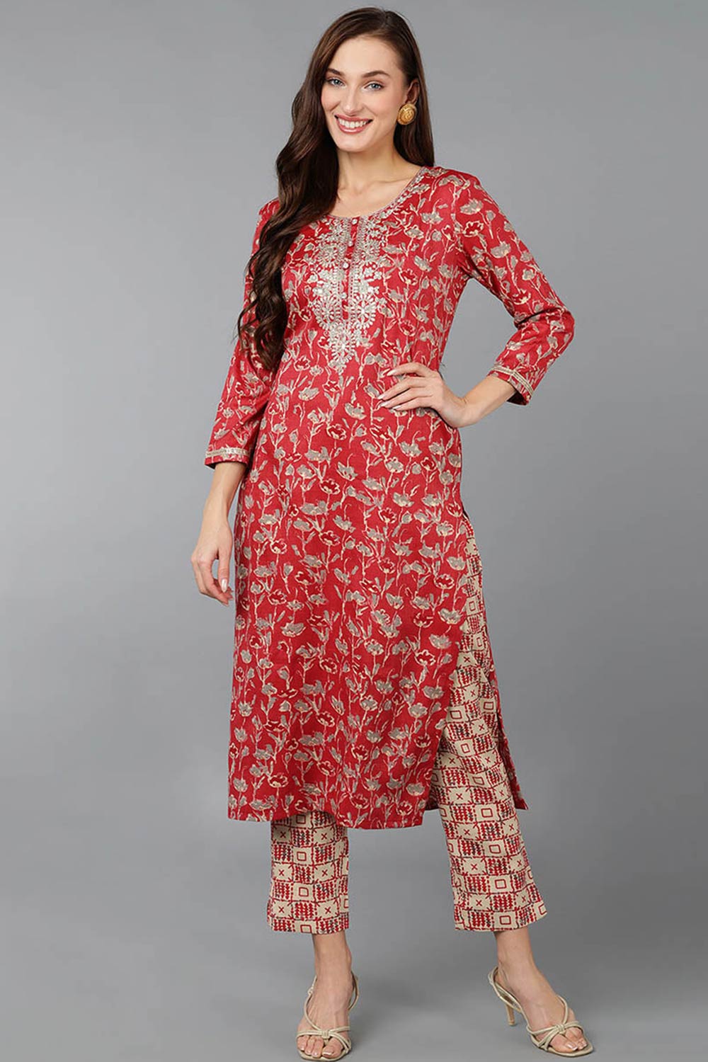 Red Silk Blend Embroidered Round Neck KurtI Set