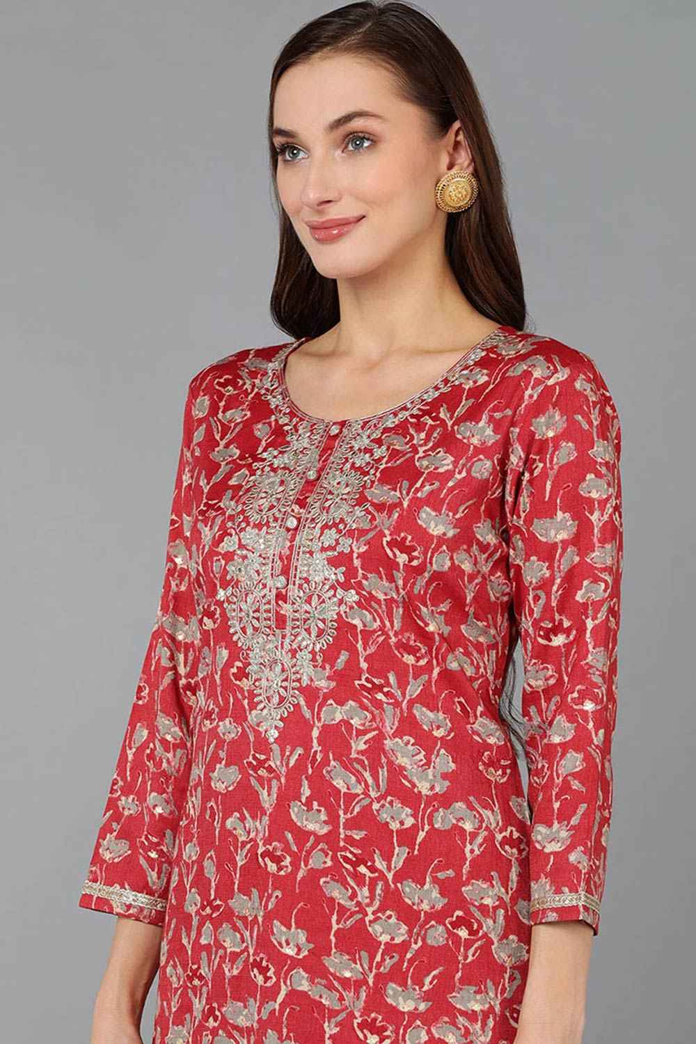 Red Silk Blend Embroidered Round Neck KurtI Set