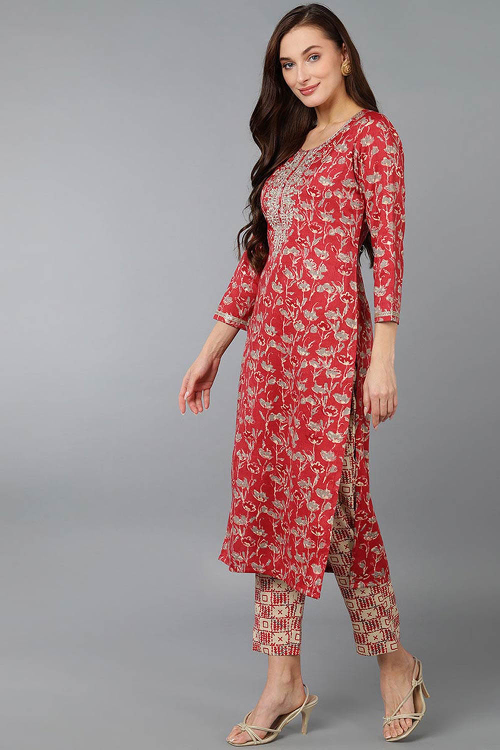 Red Silk Blend Embroidered Round Neck KurtI Set