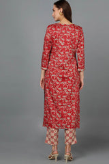 Red Silk Blend Embroidered Round Neck KurtI Set