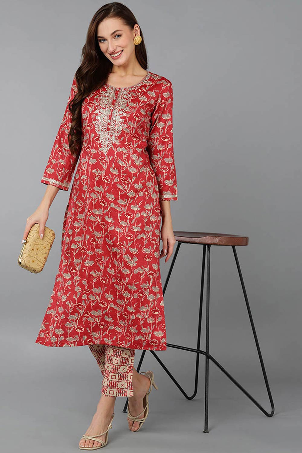 Red Silk Blend Embroidered Round Neck KurtI Set