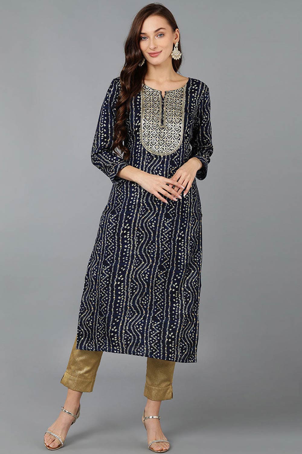 Blue Rayon Embroidered Round Neck KurtI Set