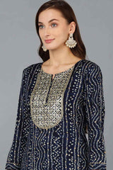 Blue Rayon Embroidered Round Neck KurtI Set