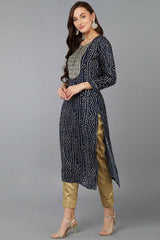 Blue Rayon Embroidered Round Neck KurtI Set