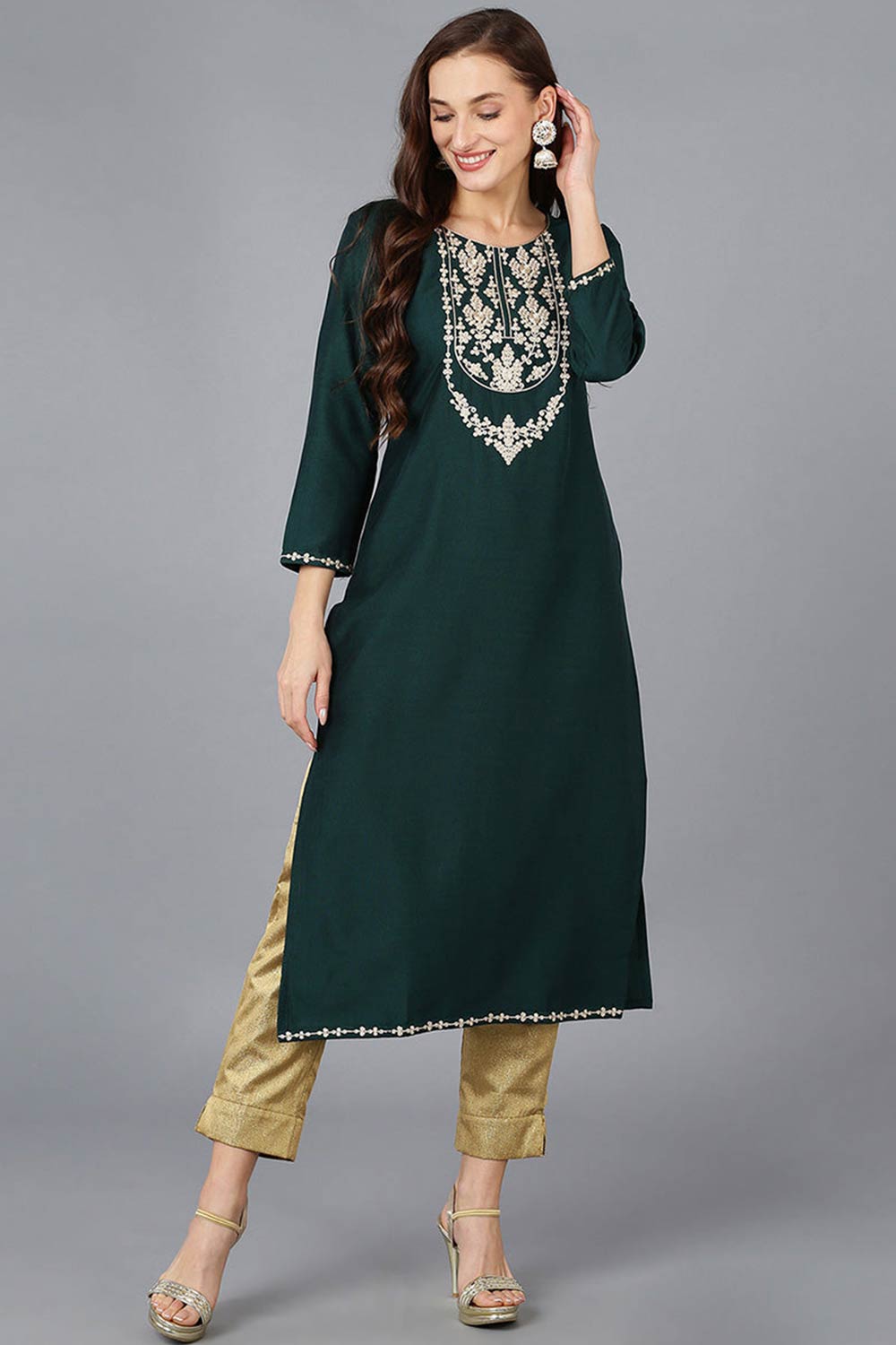 Green Silk Blend Embroidered Round Neck KurtI Set