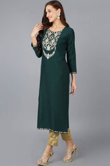 Green Silk Blend Embroidered Round Neck KurtI Set