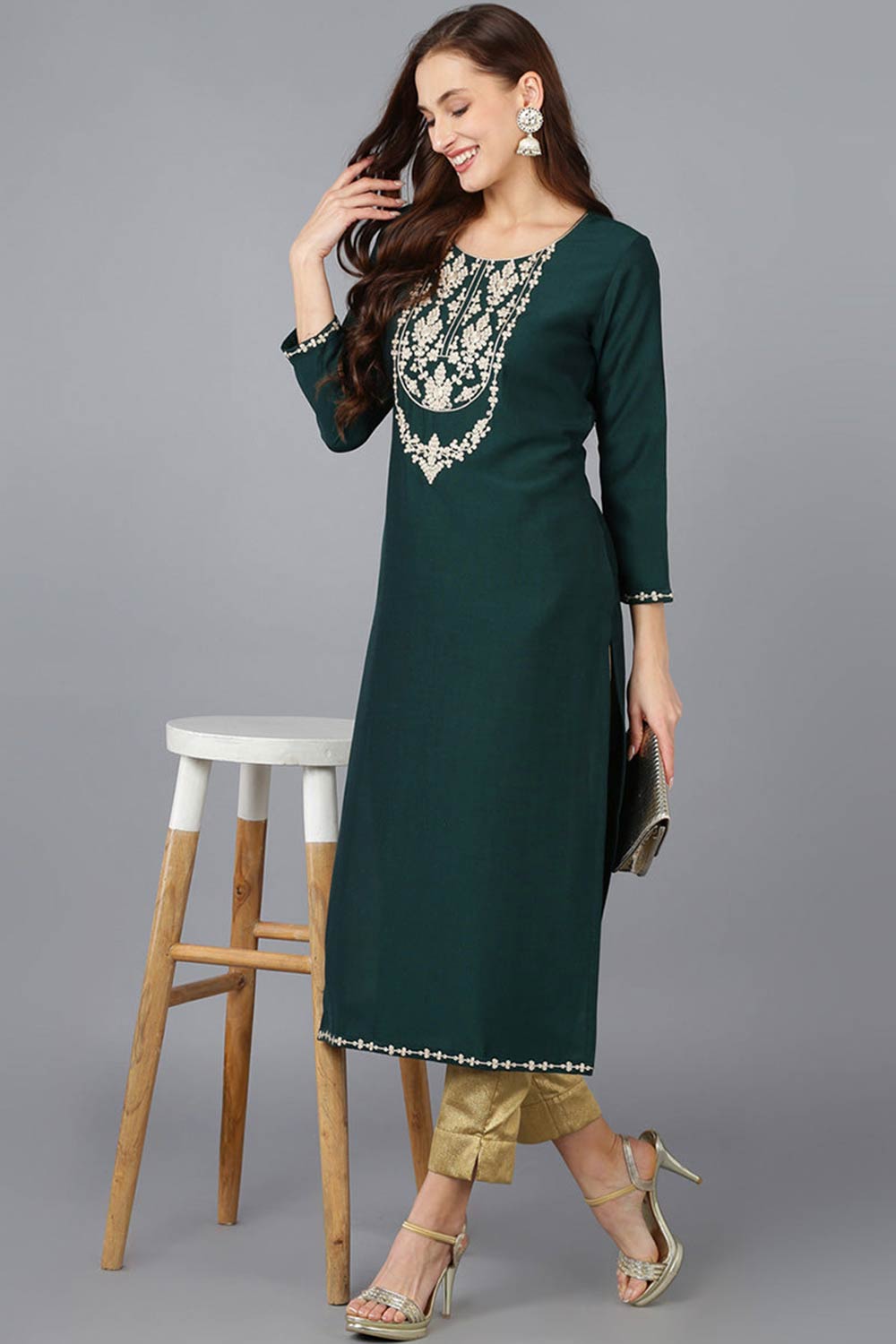 Green Silk Blend Embroidered Round Neck KurtI Set