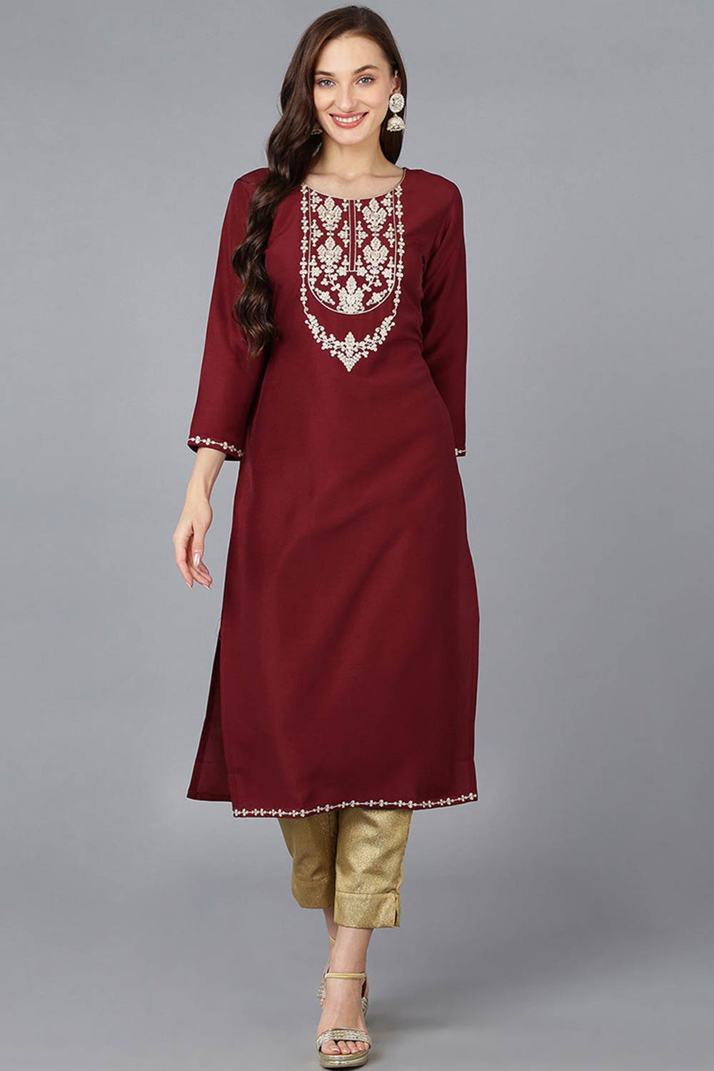 Red Silk Blend Embroidered Round Neck KurtI Set