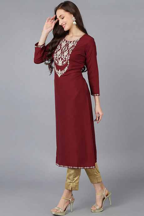 Red Silk Blend Embroidered Round Neck KurtI Set