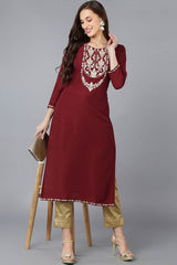 Red Silk Blend Embroidered Round Neck KurtI Set