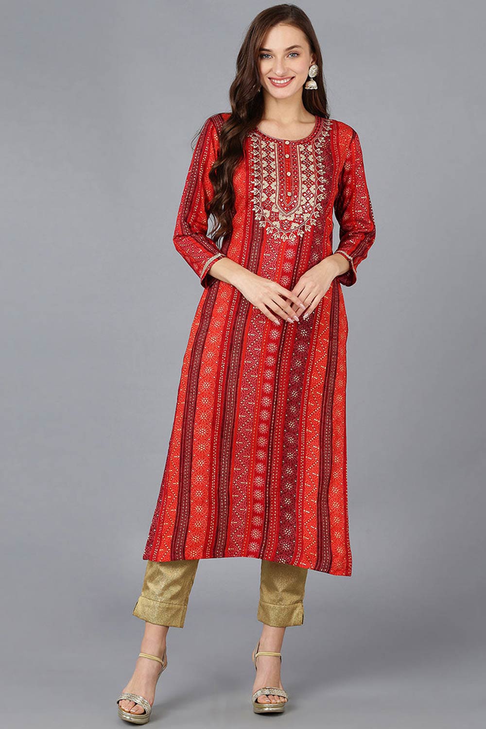 Red Rayon Embroidered Round Neck KurtI Set