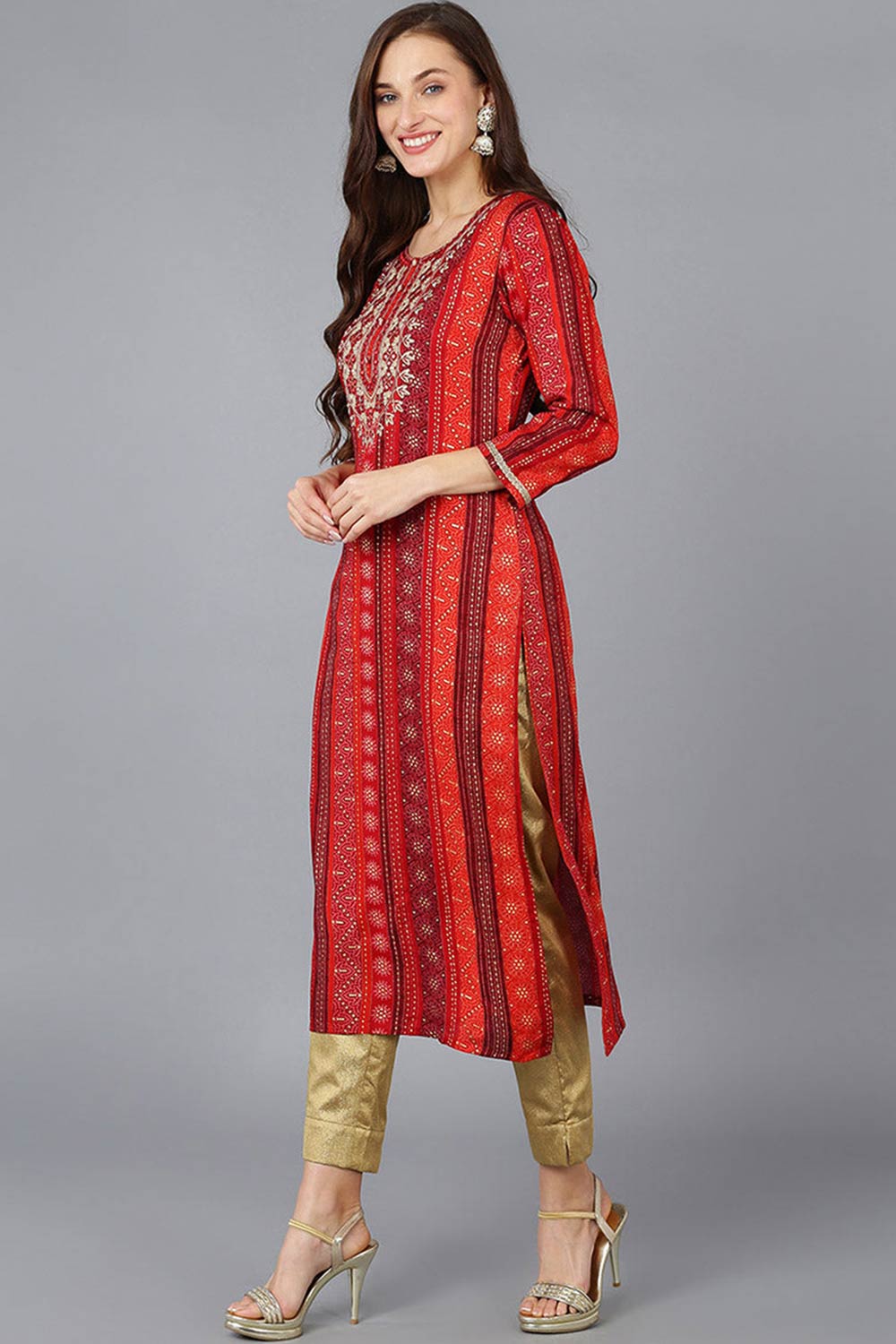 Red Rayon Embroidered Round Neck KurtI Set