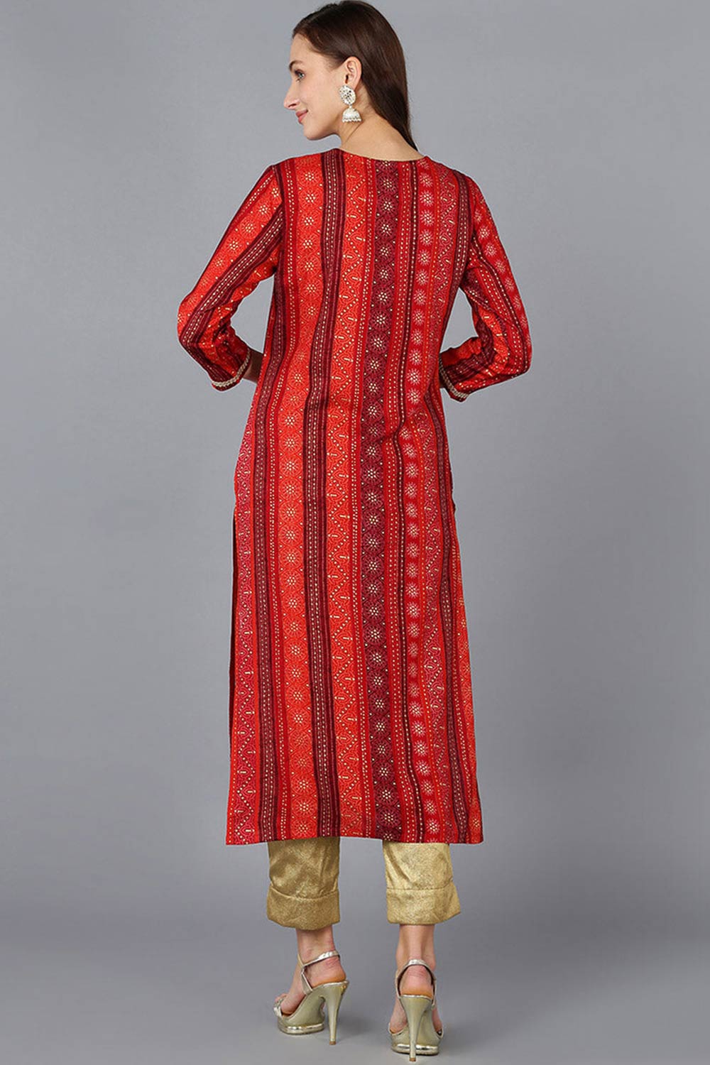 Red Rayon Embroidered Round Neck KurtI Set