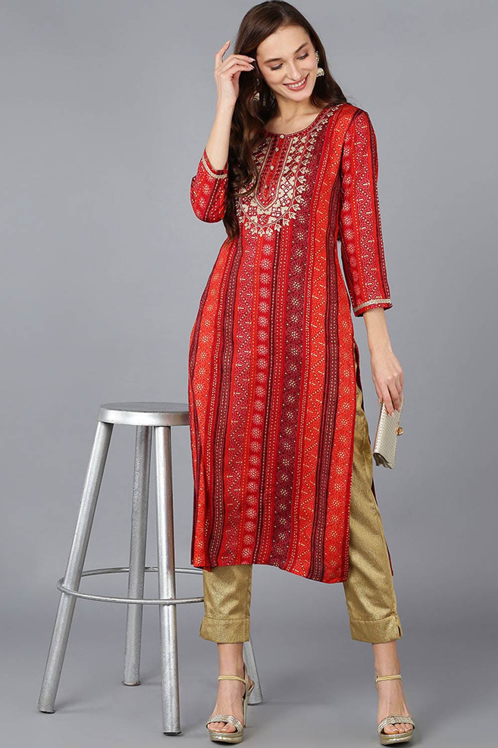 Red Rayon Embroidered Round Neck KurtI Set