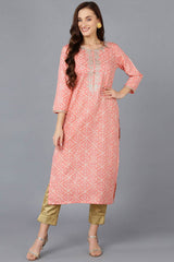 Pink Silk Blend Embroidered Round Neck KurtI Set