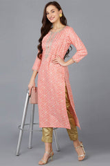 Pink Silk Blend Embroidered Round Neck KurtI Set