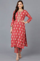 Red Silk Blend Embroidered Round Neck KurtI Set