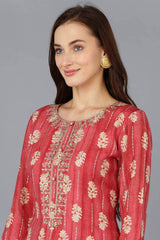 Red Silk Blend Embroidered Round Neck KurtI Set