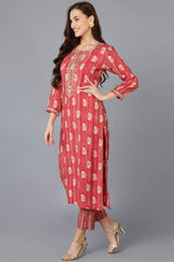 Red Silk Blend Embroidered Round Neck KurtI Set