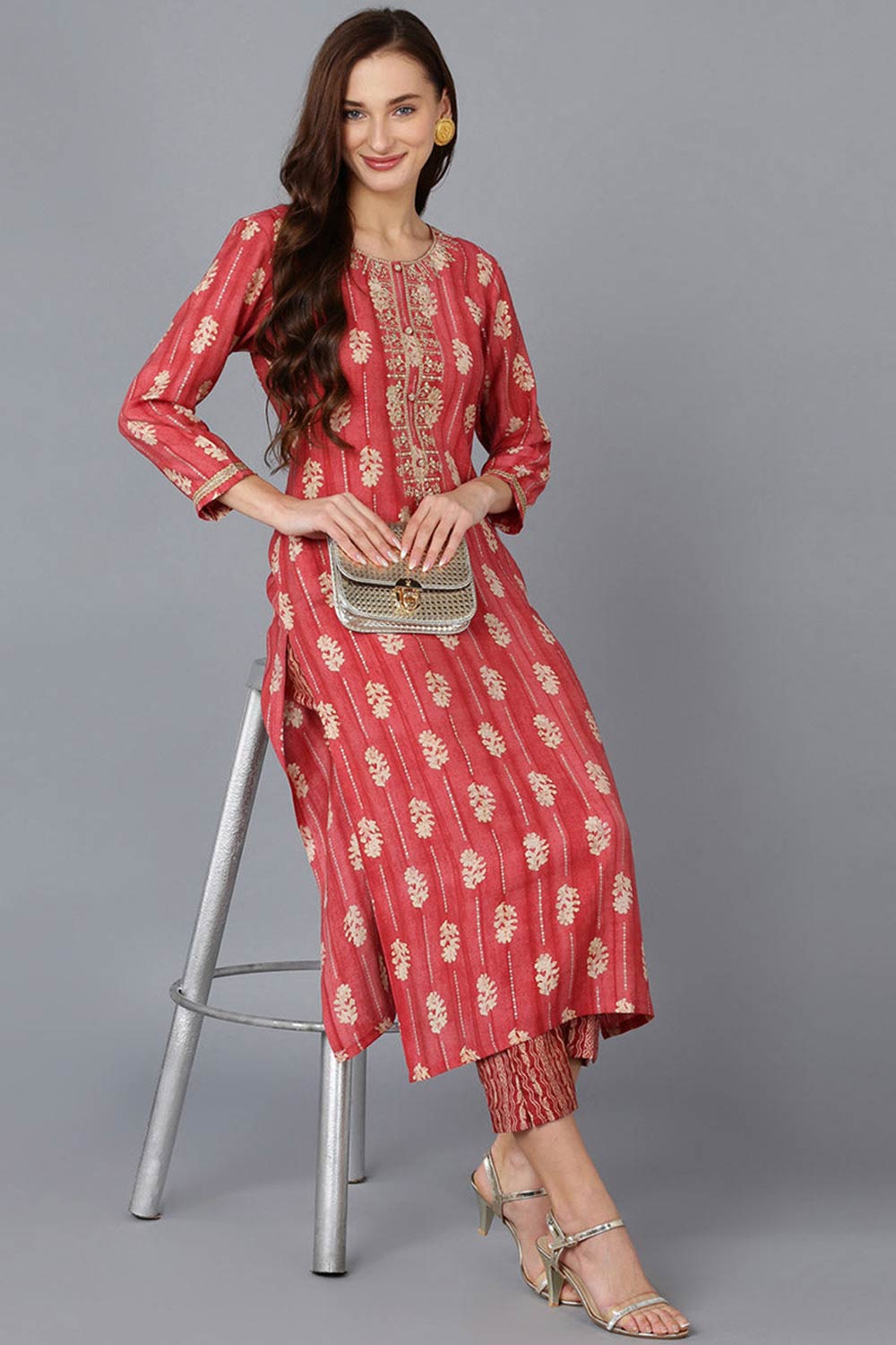 Red Silk Blend Embroidered Round Neck KurtI Set