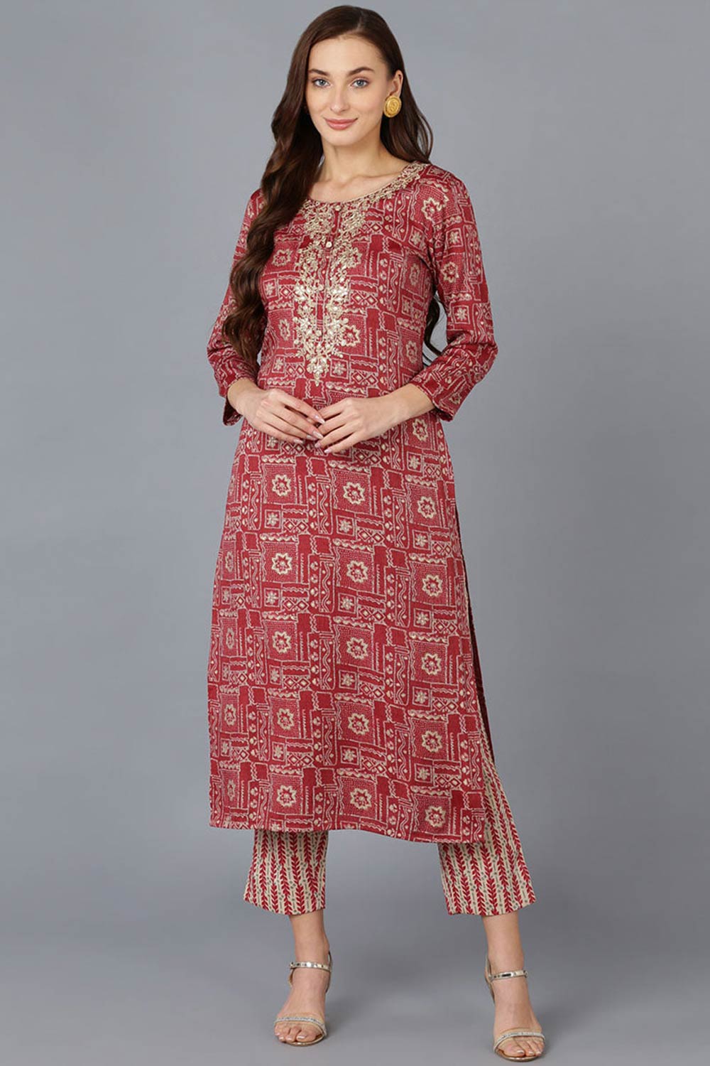 Red Silk Blend Round Neck KurtI Set