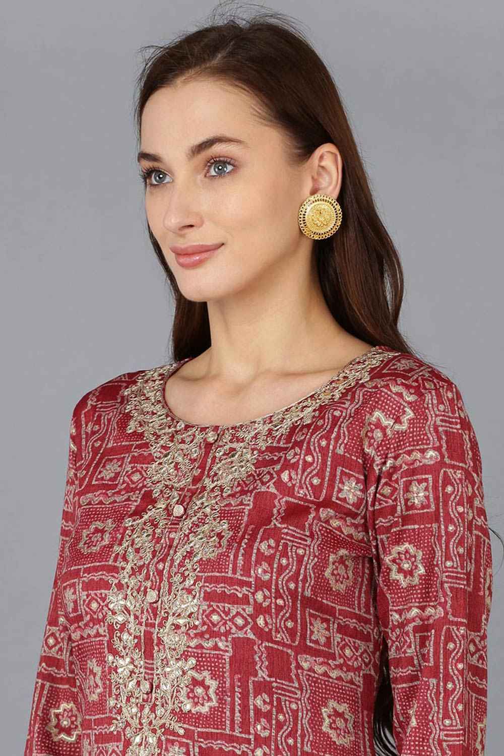 Red Silk Blend Round Neck KurtI Set