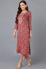 Red Silk Blend Round Neck KurtI Set