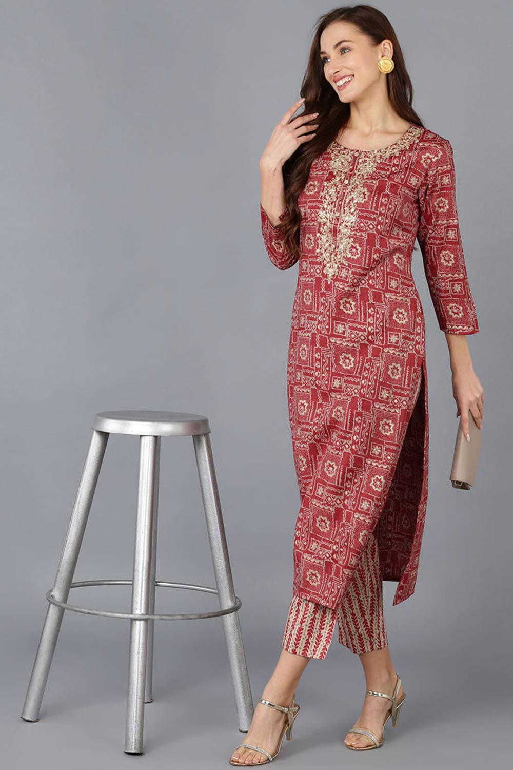 Red Silk Blend Round Neck KurtI Set