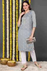 Grey Cotton Blend Floral Print Round Neck KurtI Set