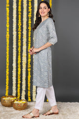 Grey Cotton Blend Floral Print Round Neck KurtI Set