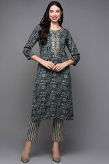 Blue Silk Blend Floral Print Round Neck KurtI Set