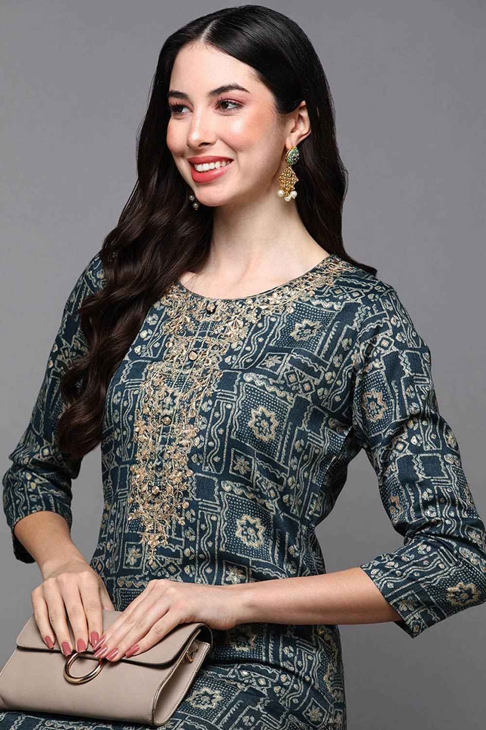 Blue Silk Blend Floral Print Round Neck KurtI Set