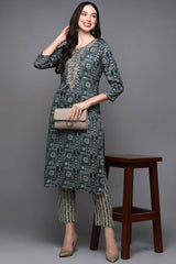 Blue Silk Blend Floral Print Round Neck KurtI Set