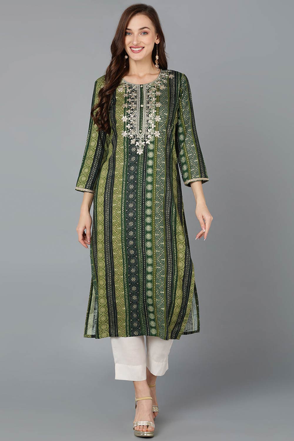 Green Rayon Embroidered Round Neck KurtI Set