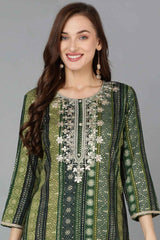 Green Rayon Embroidered Round Neck KurtI Set