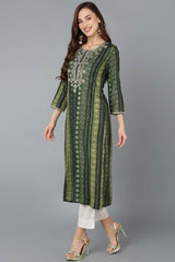 Green Rayon Embroidered Round Neck KurtI Set