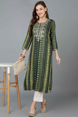 Green Rayon Embroidered Round Neck KurtI Set