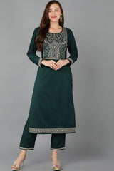 Green Silk Blend Round Neck KurtI Set