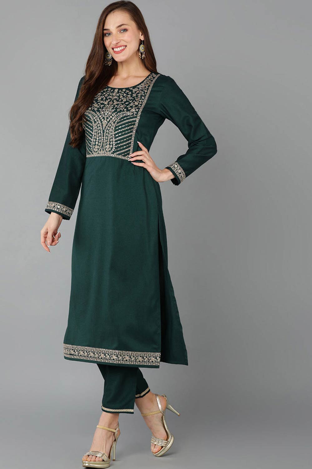 Green Silk Blend Round Neck KurtI Set