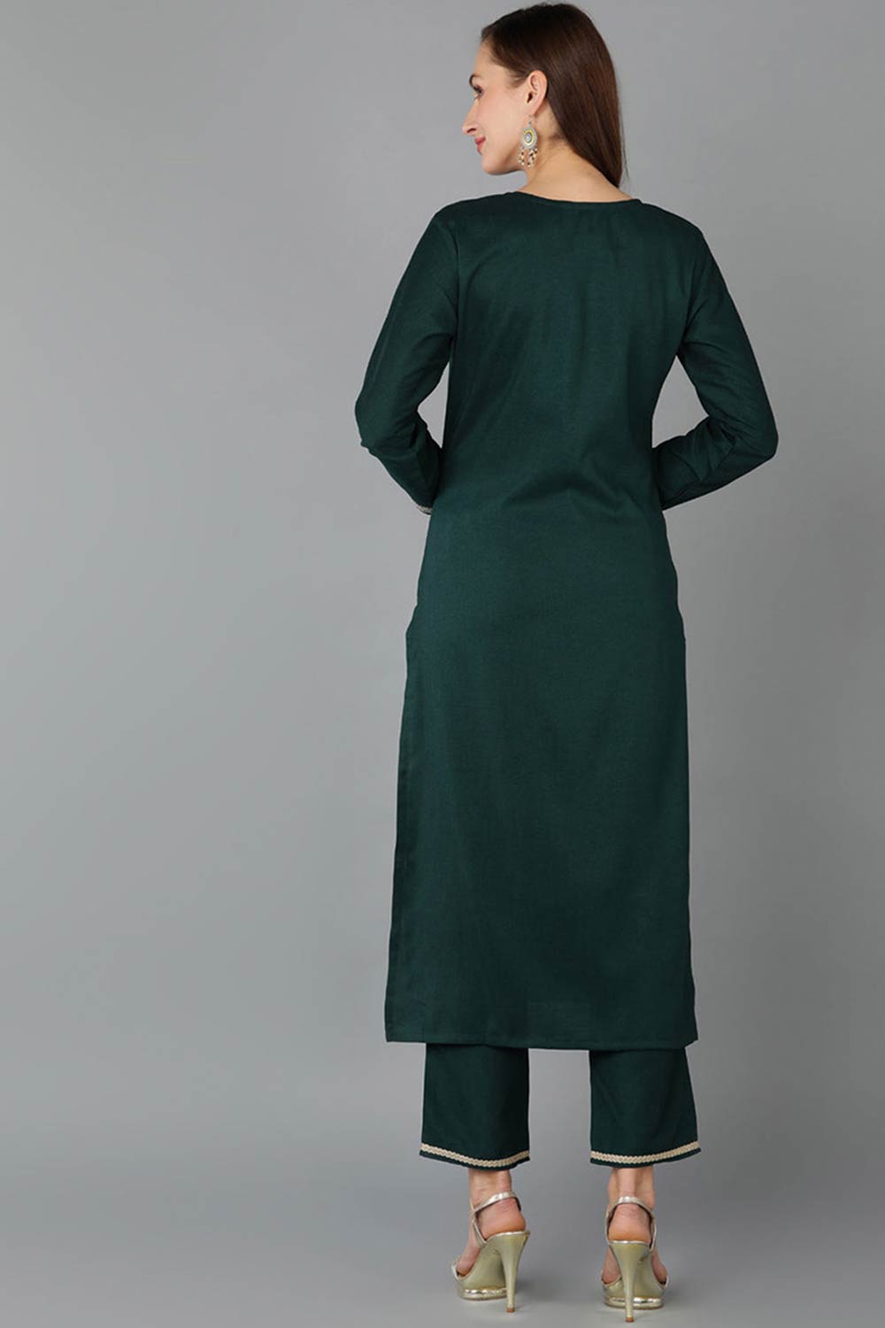 Green Silk Blend Round Neck KurtI Set