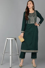 Green Silk Blend Round Neck KurtI Set